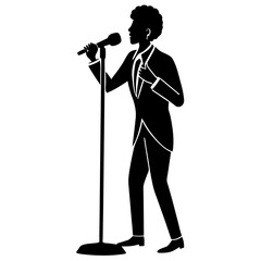 silhouette of a man singing on a white background.