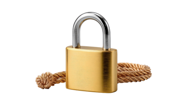 Golden Padlock with Rope: A sturdy golden padlock, symbolizing security and protection, rests gently on a textured rope, conveying a sense of trust and reliability.