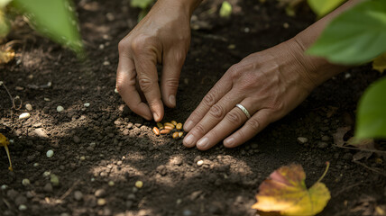 Close-up photograph of two hands, one larger and one smaller, gently pressing seeds into moist, rich soil with scattered pebbles and an autumn leaf, illuminated by soft diffused sunlight.