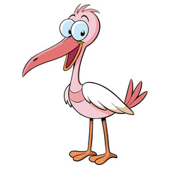 A cartoon pink flamingo character with wide eyes stands cheerfully, displaying its unique appearance