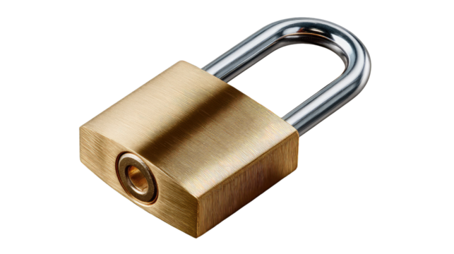 Brass Padlock Security: A sturdy brass padlock with a chrome shackle, symbolizing security, safety, and protection. The simple yet functional design is perfect for various applications.
