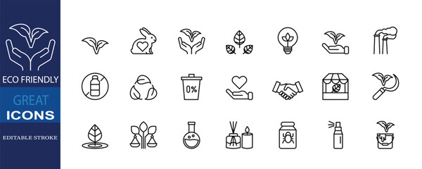 A clean and minimalist line icon set featuring editable stroke design, illustrating eco-conscious themes like plant-based living, no plastic, cruelty-free, and clean production.