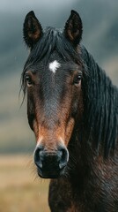 Obraz premium Horse in the rain with a wet coat standing in a grassy field under a cloudy sky during a cool day