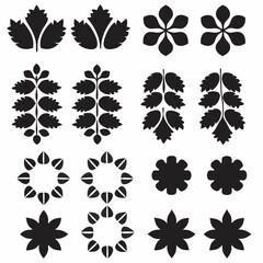 Silhouette Leaf Icons Collection for Nature and Botanical Projects Free Vector, Floral vector icons featuring a variety of flower types and designs showcasing nature in a minimalist style for design.