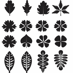 Silhouette Leaf Icons Collection for Nature and Botanical Projects Free Vector, Floral vector icons featuring a variety of flower types and designs showcasing nature in a minimalist style for design.
