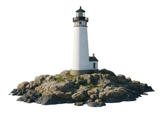 A lighthouse on a rocky island, isolated on white or transparent background. PNG
