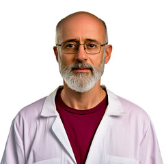Serious man with glasses and beard wearing lab coat, cut out transparent