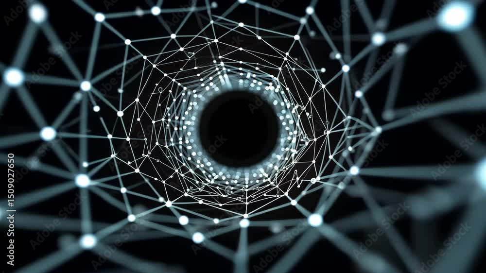 Poster abstract digital tunnel with light nodes and connecting lines in dark space background