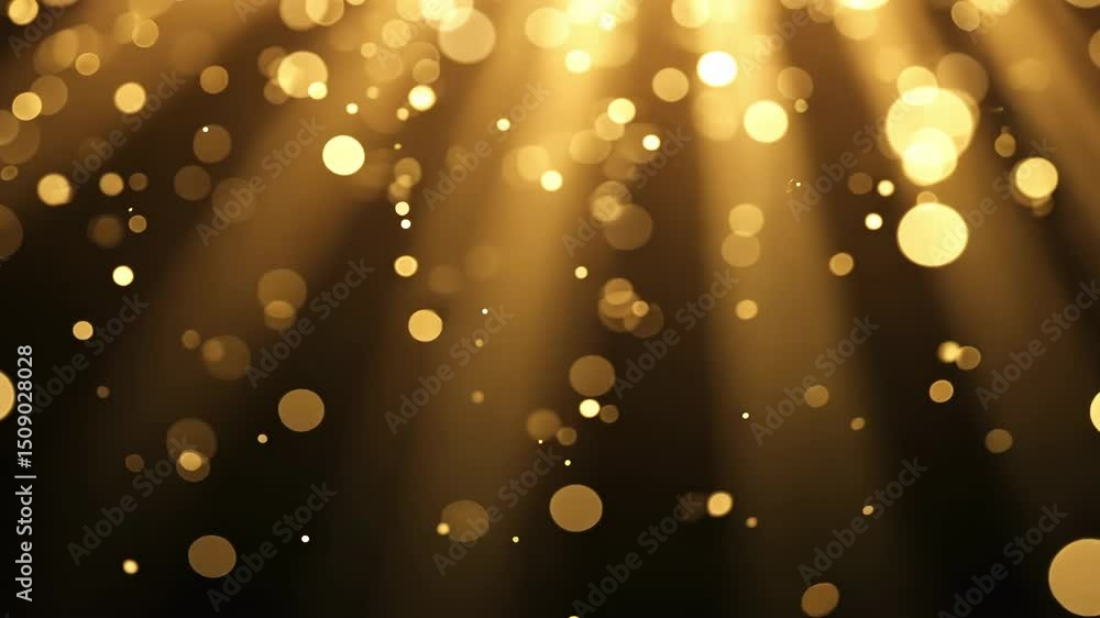Poster golden bokeh background with light rays and sparkles for creative design and art projects
