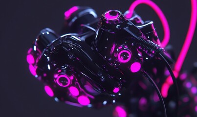 Fototapeta premium Futuristic black heart machine, pink lights, dark background, sci-fi concept art, tech illustration
