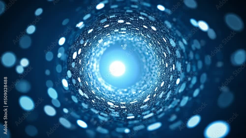 Poster abstract blue light tunnel with glowing particles and digital background for technology concepts