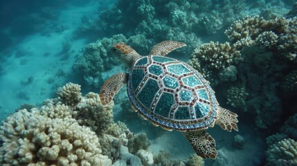 Fototapeta premium mosaic turtle underwater with coral reef, oceanic blue-green tones