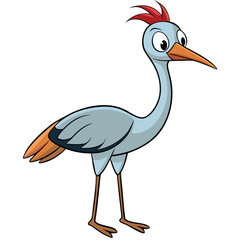 Cartoon heron with red crest stands tall with an attentive, captivating presence
