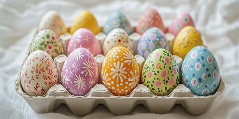 Colorful decorated eggs arranged in a carton for Easter celebration during spring season
