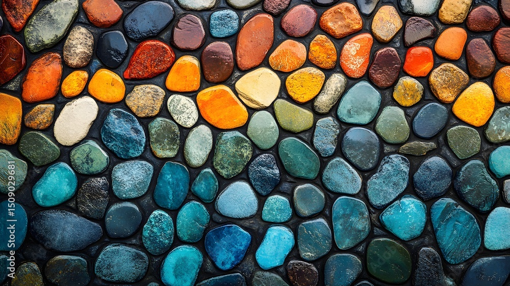 Poster An abstract close-up featuring a mosaic of colorful pebbles, creating a textured and vibrant surface. The diverse hues of stones provide a natural yet patterned backdrop for creative projects.