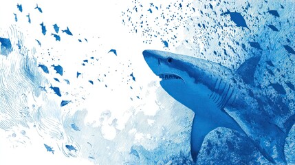 A great white shark surrounded by a school of fish in the ocean.