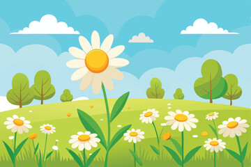 Fototapeta premium Sun-drenched spring meadow with colorful flowers and green grass under a clear sky, an idyllic summer landscape illustration