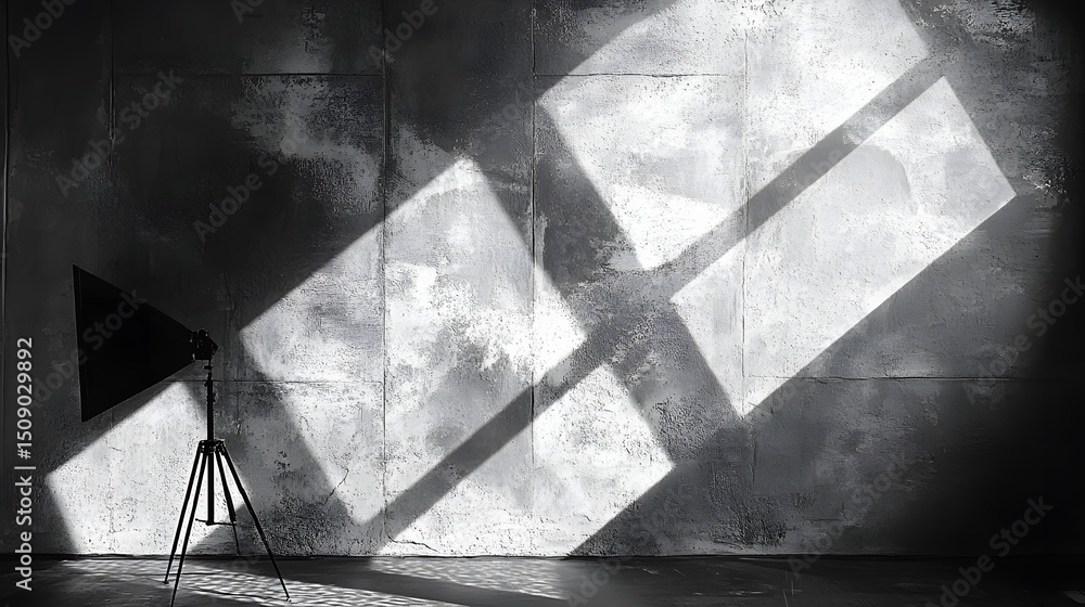 Poster a studio lighting equipment casts shadows on the textured wall. the stark contrast of light and shad