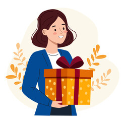 Woman holding a present box. Character with birthday or holiday gift. Flat vector illustration for event celebration design and greeting card.