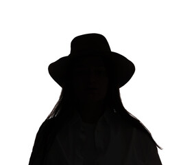 Silhouette of woman in hat on white background