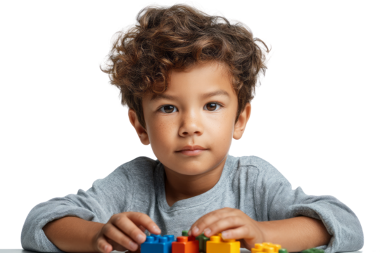 Young boy playing with colorful blocks studio setting transparent background joyful expression