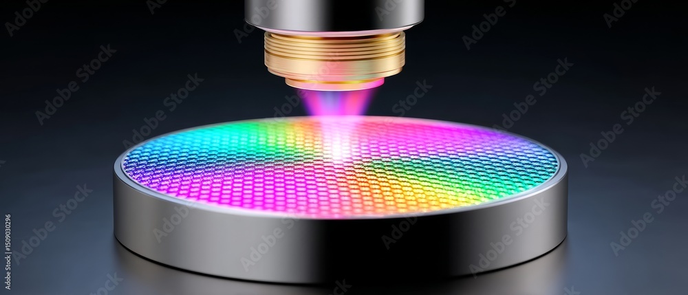 Poster nanochip technician adjusting graphene device in cleanroom high-tech environment close-up view of ad
