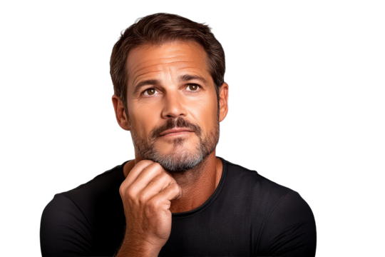 Pensive adult man looking up, hand on chin, thinking, cut out transparent