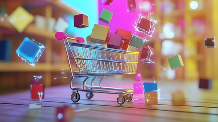 E-commerce Revolution: Colorful Cubes Overflowing a Shopping Cart, Symbolizing Online Shopping's Explosive Growth and Diverse Product Selection