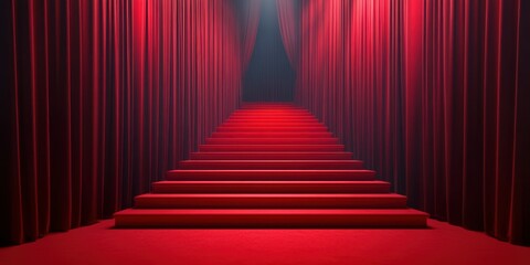 Red carpet entrance leading to a stage with deep red curtains in a theater setting