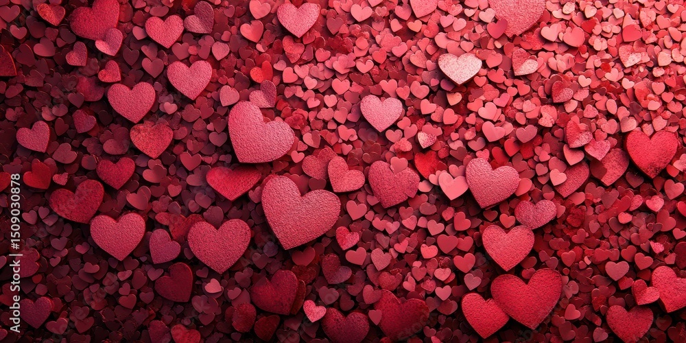 Poster heart shapes of various sizes in shades of red scattered on a vibrant background create a romantic a