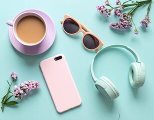 a lavender coffee cup, light peach sunglasses, mint headphones, and a pale pink smartphone on a pastel blue background. Trendy lifestyle concept.