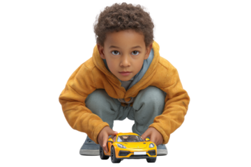 Child playing with toy car on transparent background indoor setting lifestyle close-up view fun concept