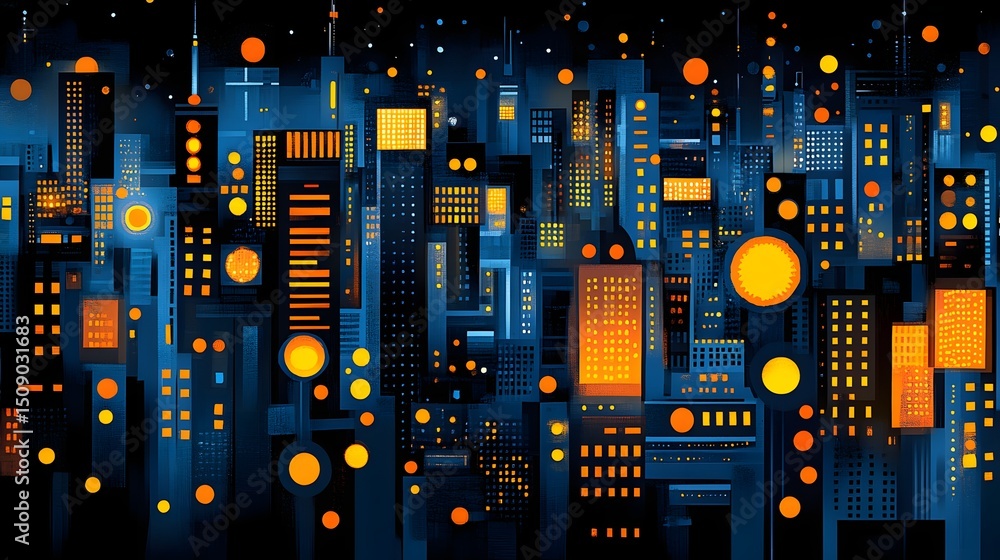 Aufkleber abstract cityscape illustration, showcasing a modern and vibrant skyline at night. the design featur