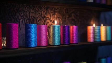 Vibrant Colored Candles on a Shelf
