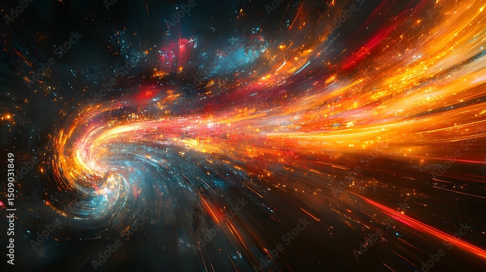 Poster A captivating spiral of radiant energy with a vibrant burst of color. It evokes a sense of motion, light, and dynamic force, perfect for visualizing abstract concepts and creativity.
