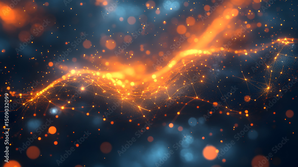 Poster abstract technology background depicting a complex network of interconnected lines and glowing orang