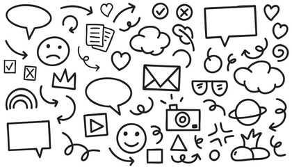 Line marker hand drawn brush element set. Sketch pencil stroke vector graphic pen underline scribble icon. Hand drawn line heart, crown, star symbol highlight marker shape. Vector illustration