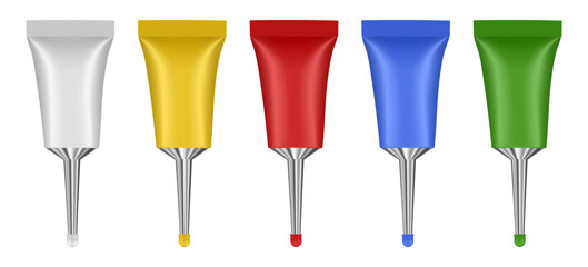 Set of metal tubes with long nozzle. White, yellow, red, green and blue tubes. Salve or ointment. Glue tube with pin point nozzle