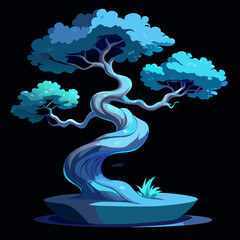 Glowing Blue Bonsai Tree Digital Art Illustration