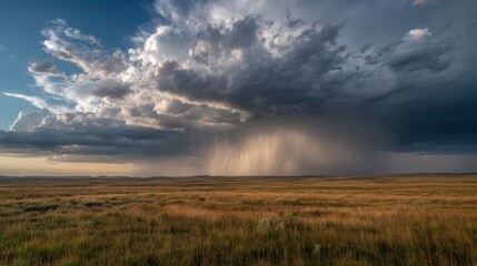dramatic thunderstorm with visible rain streaks and cloudy sky over meadow