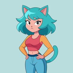 Confident Anime Girl with Cat Ears and Teal Hair