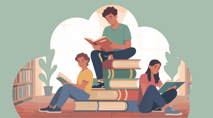 young man and woman sitting  and reading a book illustration
