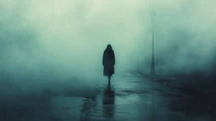 A lone figure walking down an empty street on a foggy morning, with soft, muted colors blending together and creating a serene, almost dreamlike atmosphere.
