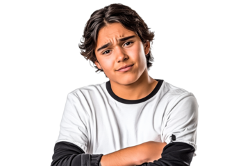 Teen with doubtful expression, arms crossed, studio portrait, cut out transparent