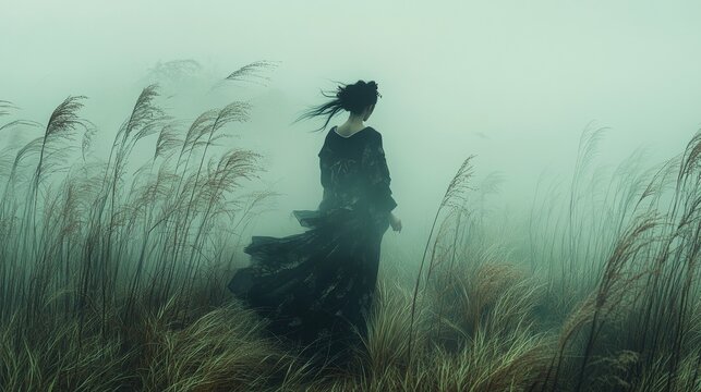 A lone geisha running through a foggy field of tall grass, her kimono fluttering in the mist-filled air.  - Powered by Adobe