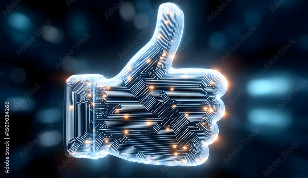 Poster a glowing thumbs-up symbol featuring intricate circuitry, representing digital approval and modern t