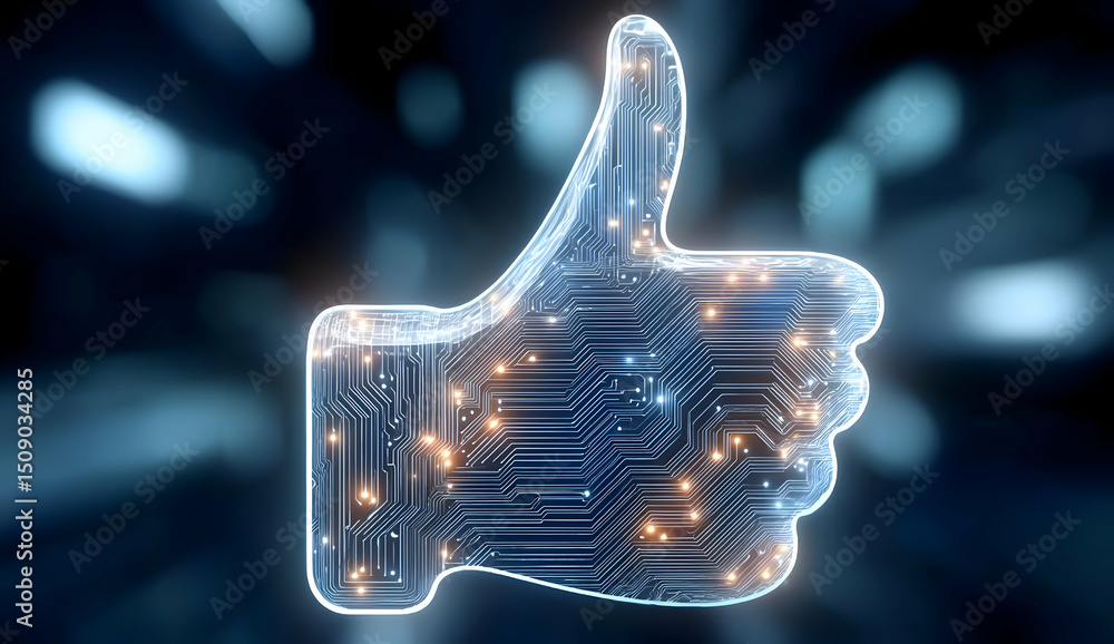 Poster a digital thumbs up symbol made of circuit patterns, representing approval and connectivity in the t