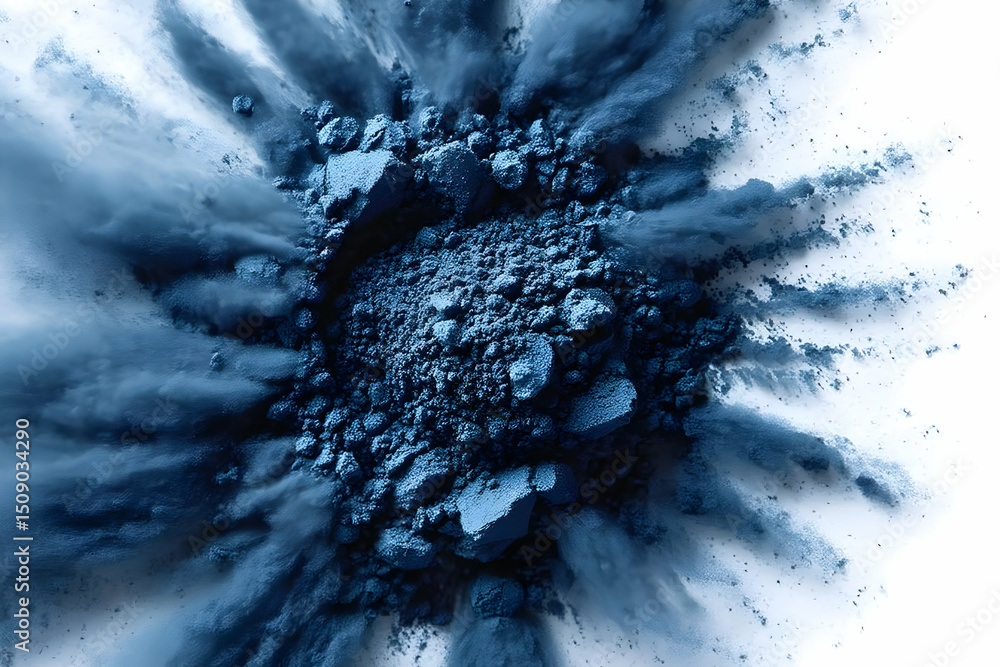 Poster an abstract image showcasing a dramatic explosion of blue powder. the vivid colors and dynamic flow 