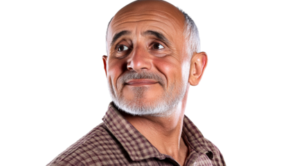Smiling Arab man looking upwards, cheerful mood, cut out transparent