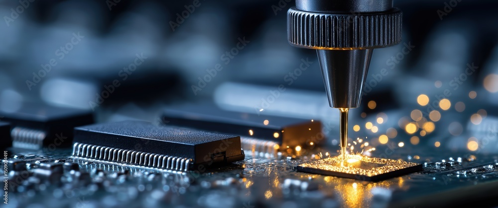 Poster precision microsoldering with ersa iron applying molten solder to circuit board chip, shelves of com